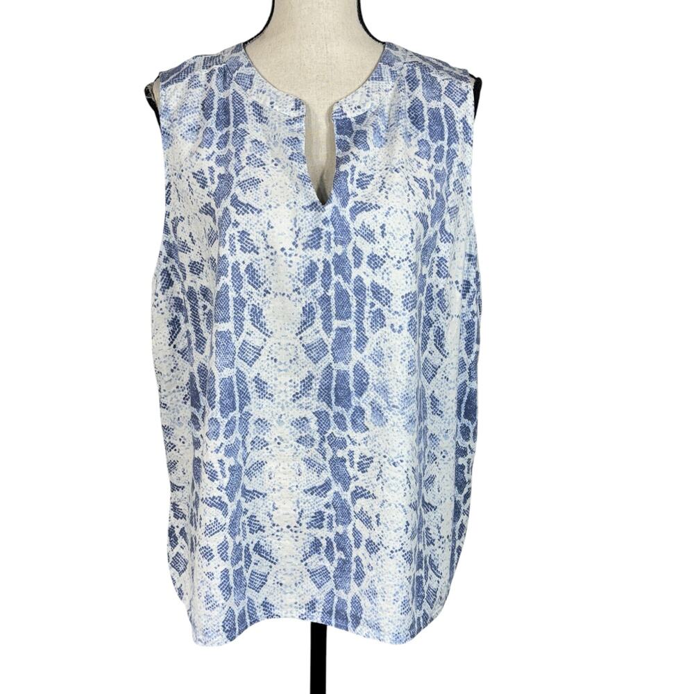 Tahari 1X-Large Top Snake Print V-Neck Sleeveless Linen Blend Side Slits Blue